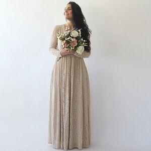 Champagne lace wedding dress with long sleeves pockets
